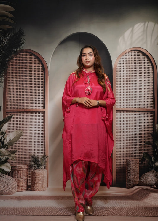 Hot Pink Kaftan Set with Digital Tulip Pants