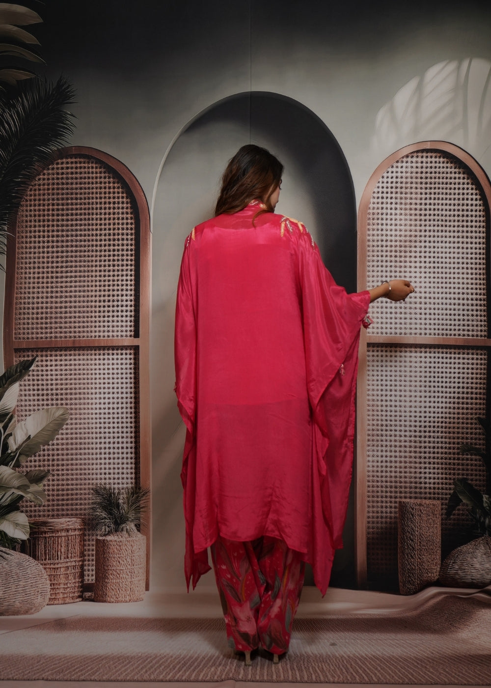 Hot Pink Kaftan Set with Digital Tulip Pants