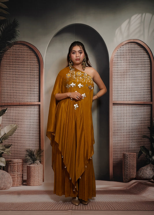 Aarohi Mustard One Shoulder Indo Western Dress