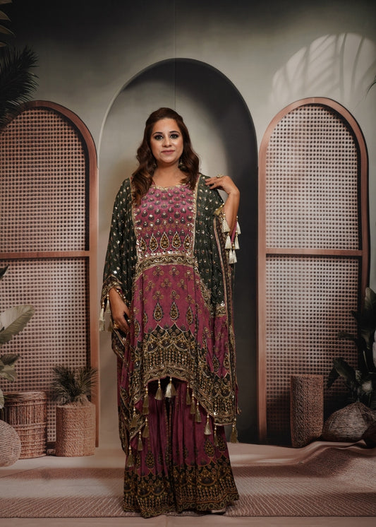 Patola Onion Pink & Black Short Kaftaan Set