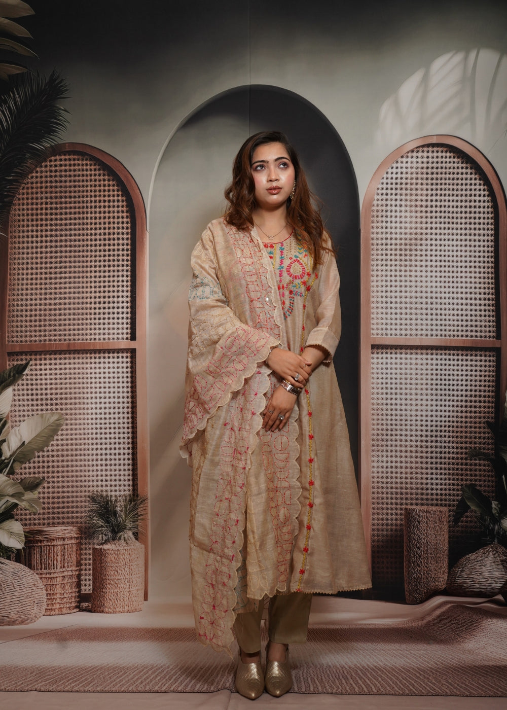 Aarzoo Ivory Embroidered A-Line Linen Suit