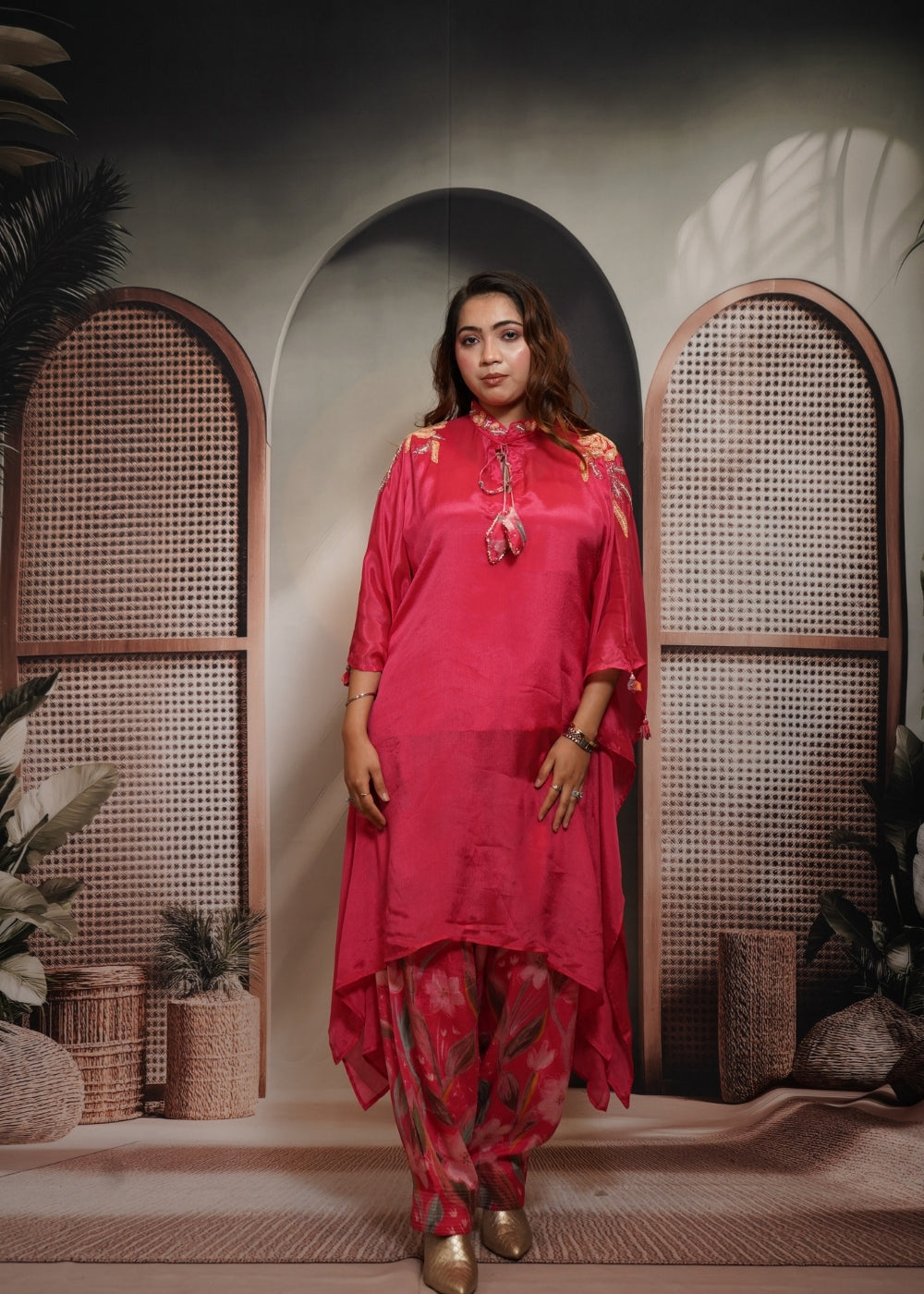 Hot Pink Kaftan Set with Digital Tulip Pants (Image)