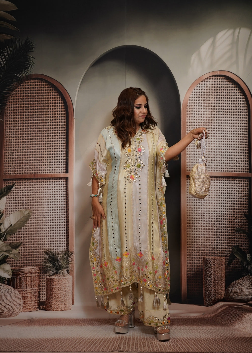 Patola Ivory & Sky Blue Kaftan with Potli and Salwar Set (Image)