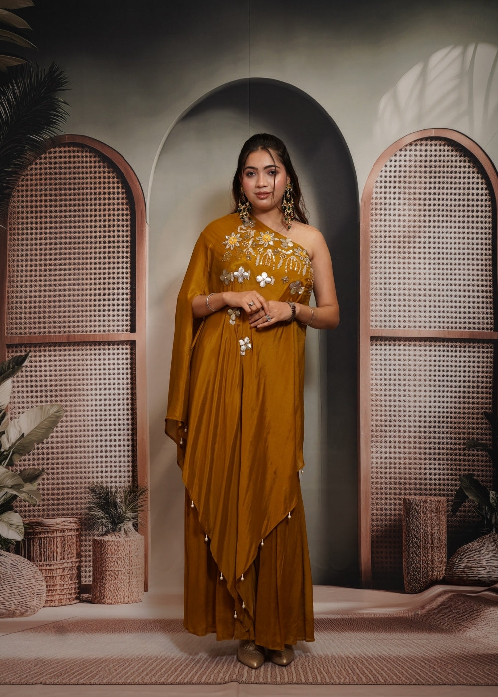 Aarohi Mustard One Shoulder Indo Western Dress