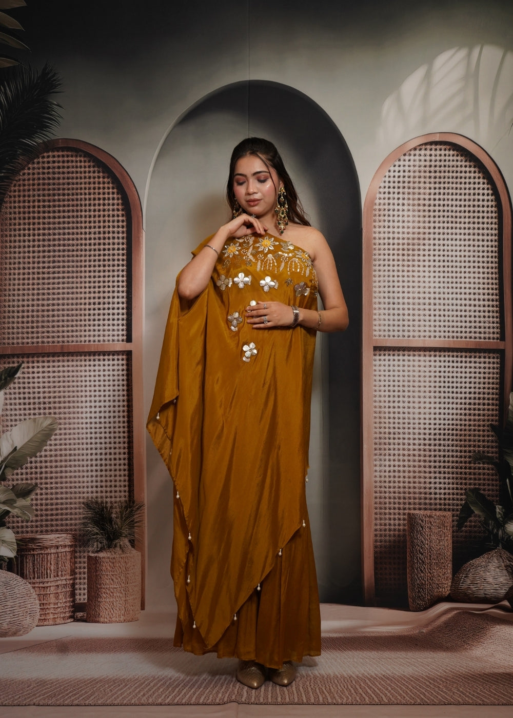 Aarohi Mustard One Shoulder Indo Western Dress
