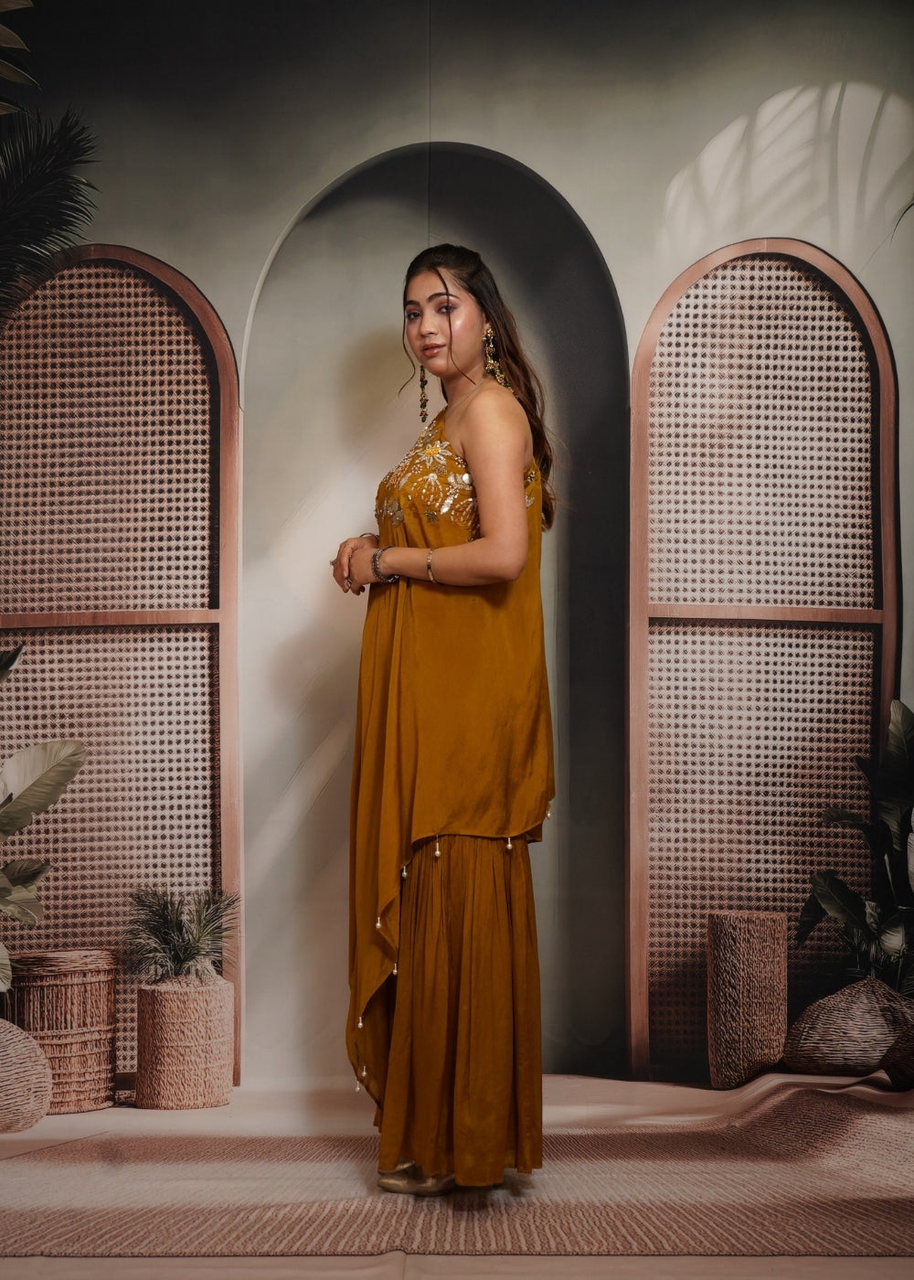 Aarohi Mustard One Shoulder Indo Western Dress (Image)