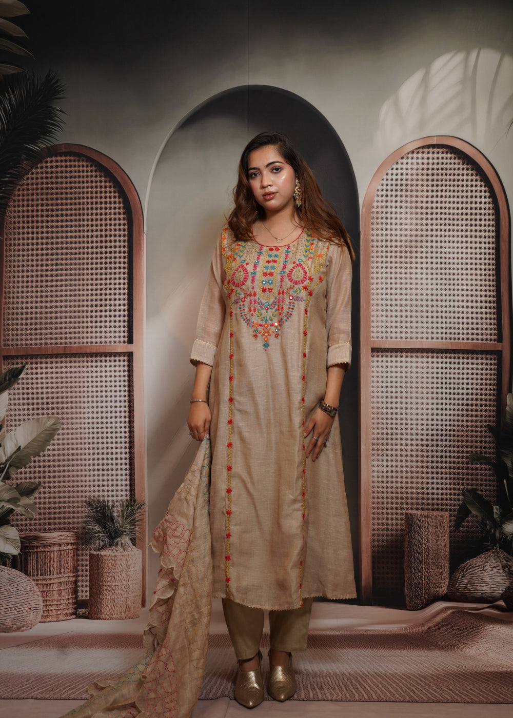 Aarzoo Ivory Embroidered A-Line Linen Suit (Image)
