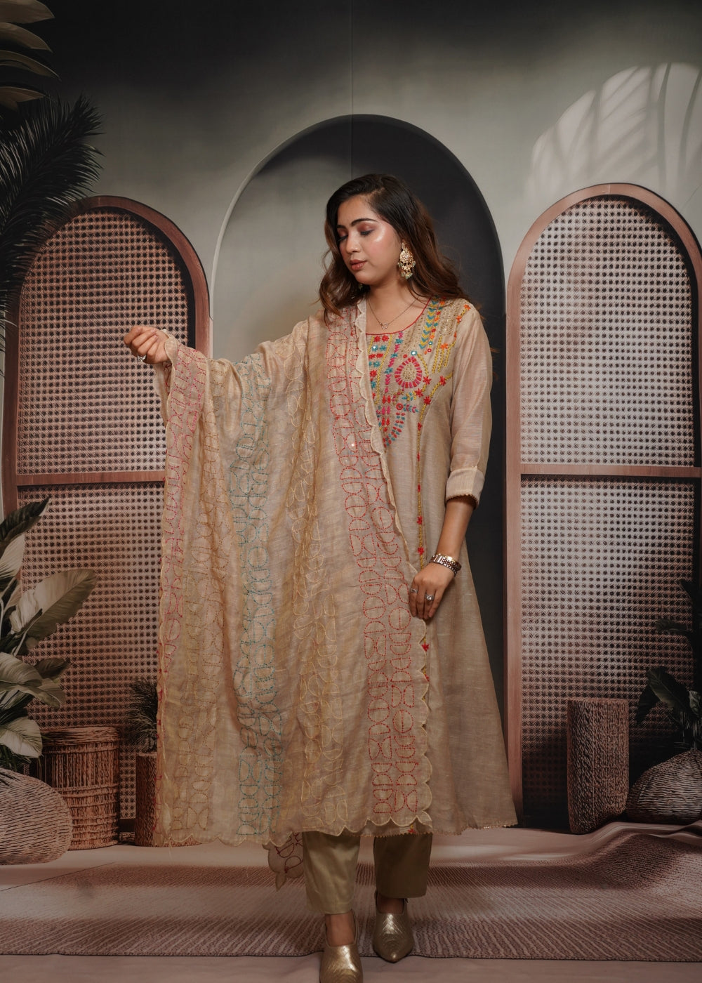 Aarzoo Ivory Embroidered A-Line Linen Suit (Image)