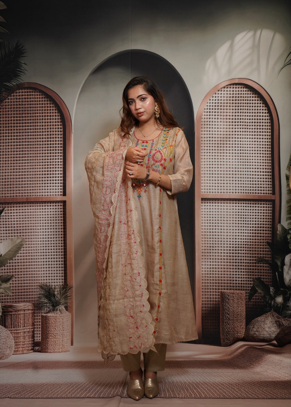 Aarzoo Ivory Embroidered A-Line Linen Suit (Image)