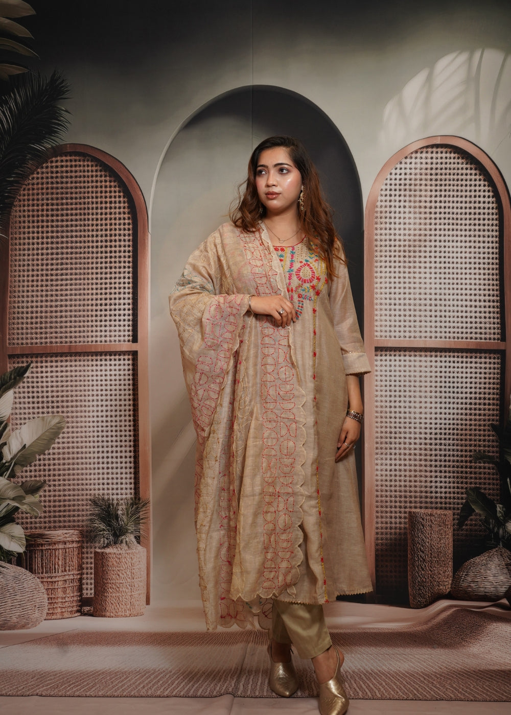 Aarzoo Ivory Embroidered A-Line Linen Suit