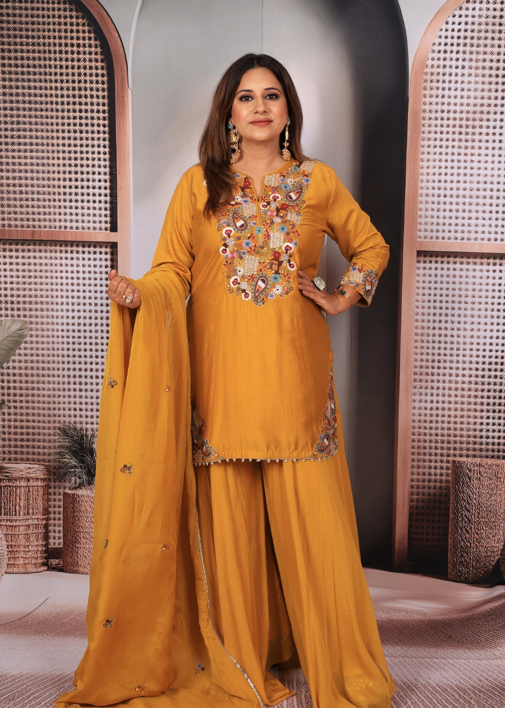 Mustard Yellow Embroidered Kurta and Sharara Set (Image)