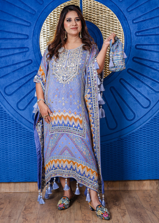 Naqsh Tassel Kaftan with Mirror Work & Potli